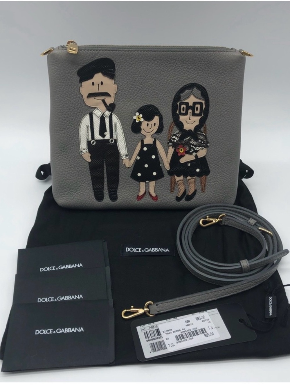 Dolce & Gabbana Gray Leather Family Appliqué Crossbody